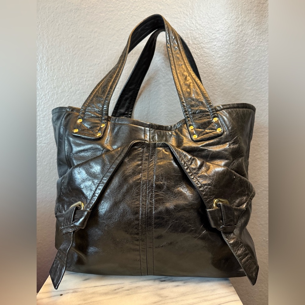 Kooba Black Leather Tote Bag with Pink Interior